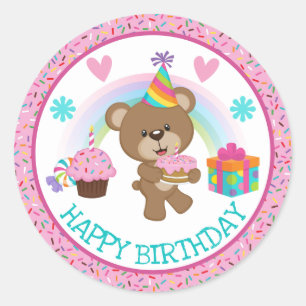 Cute Birthday Bear & Rainbow & Cake Classic Round Sticker