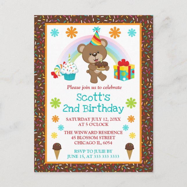 Cute Birthday Bear & Rainbow & Cake Postcard (Front)