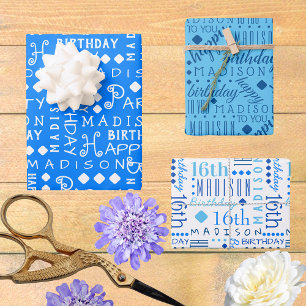 Cute Birthday Blue Any Age Add Childs Name Wrapping Paper Sheet