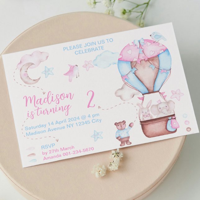Cute Birthday Blue Pink Watercolor animals balloon Invitation (Cute Birthday Blue Pink Watercolor animals balloon Invitation)