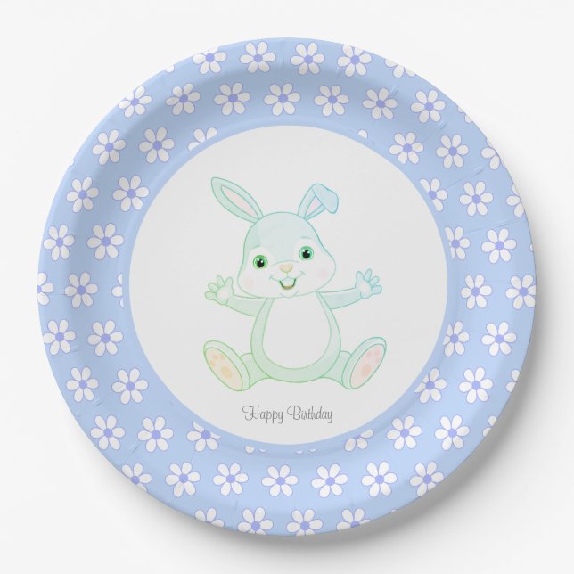 Cute Birthday Bunny & Flowers on Light Blue Paper Plate (Front)