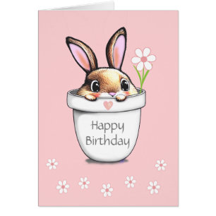 Cute Birthday Bunny & Flowers on Light Pink