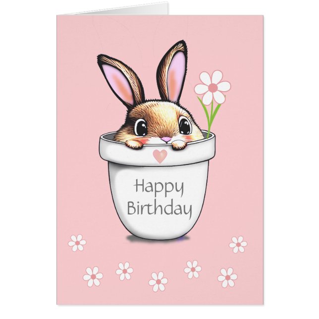 Cute Birthday Bunny & Flowers on Light Pink (Front)