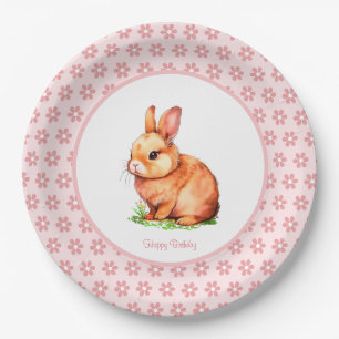Cute Birthday Bunny & Flowers on Light Pink Paper  Paper Plate