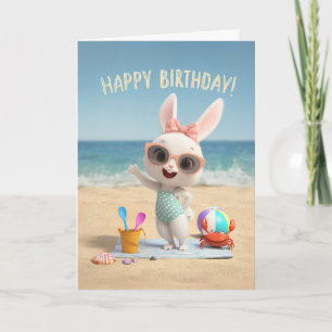 Cute Birthday Bunny in Polka Dot Swimsuit at Beach Card