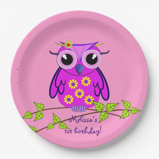 Cute Birthday Cake topper with Owl and Text Paper Plate (Front)