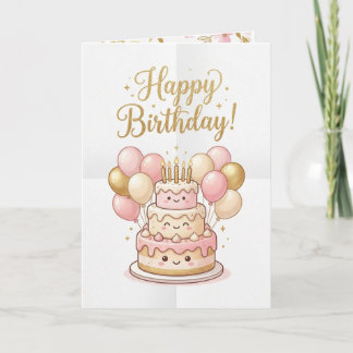 Cute Birthday Card | Pink & Gold Cake Balloons🎉