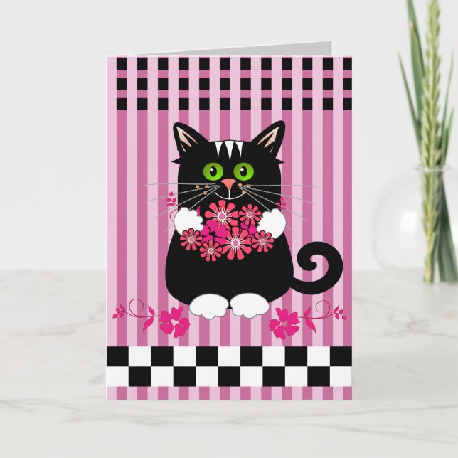 Cute birthday card with cat offering flowers (Front)