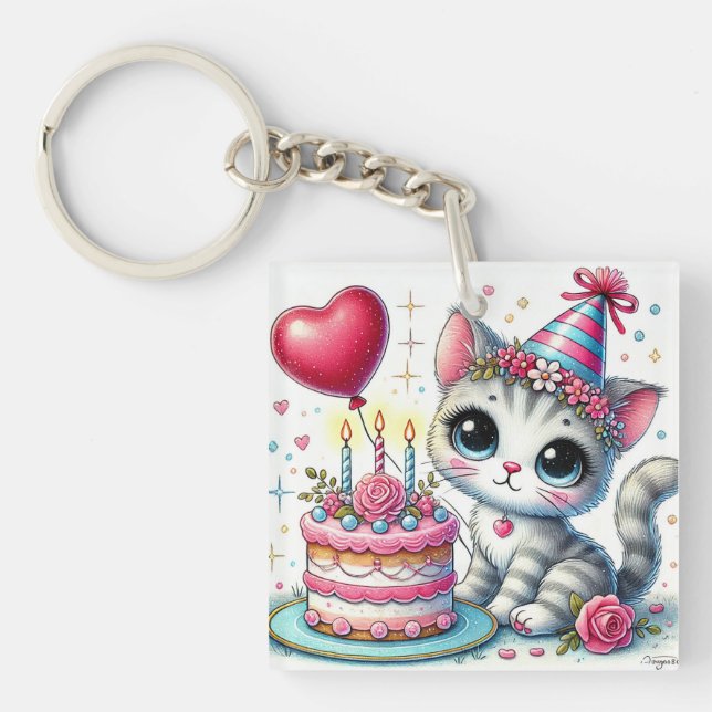 🎂 Cute Birthday Cat Gift For Cat Lover 🎁 Keychain (Front)
