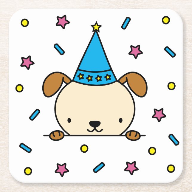 Cute Birthday Dog with Confetti Pattern Square Paper Coaster (Front)