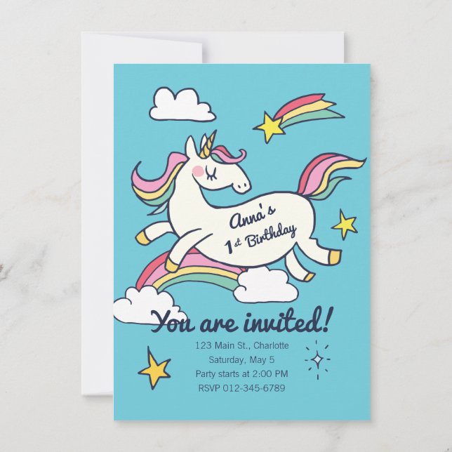Cute Birthday Doodle Rainbow Unicorn and Stars. Invitation (Back)