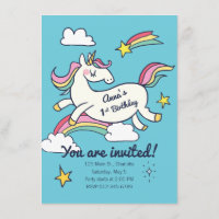 Cute Birthday Doodle Rainbow Unicorn and Stars.