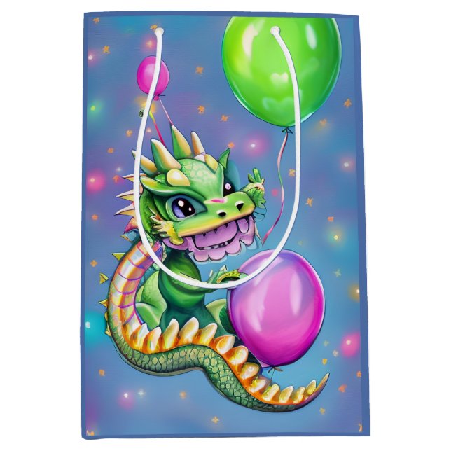 Cute Birthday Dragon with Balloons  Medium Gift Bag (Front)