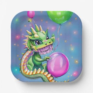 Cute Birthday Dragon with Balloons Paper Plate