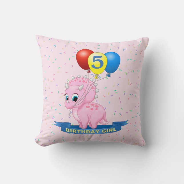 Cute Birthday Girl Pink Baby Triceratops Dino Throw Pillow (Front)