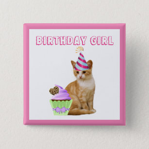 Cute Birthday Girl with Kitty Cat 2 Inch Square Button