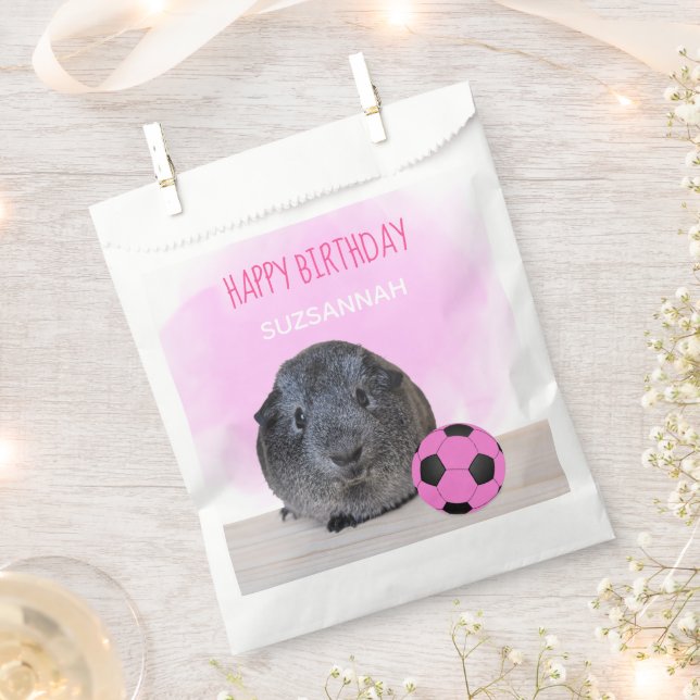 Cute Birthday Guinea Pig Pink & Black Soccer Ball Favour Bag (Clipped)