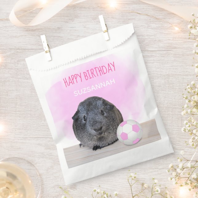 Cute Birthday Guinea Pig Pink & White Soccer Ball Favour Bag (Clipped)