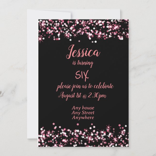 Cute birthday invitation pink on black editable  (Front)