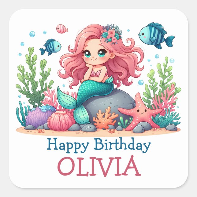 Cute Birthday Mermaid And Fish Personalized Square Sticker (Front)