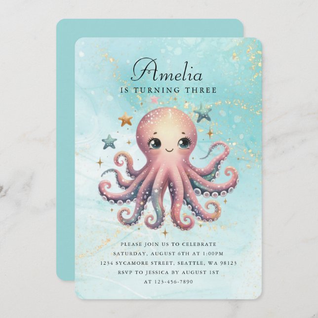 Cute Birthday Octopus Invitation (Front/Back)