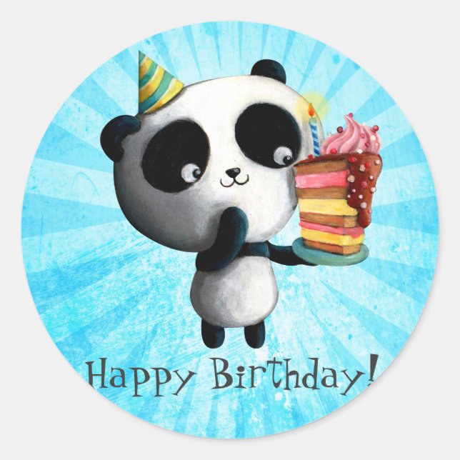 Cute Birthday Panda with Cake Classic Round Sticker (Front)