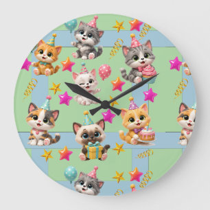 Cute Birthday Party Cats Wrapping Paper Kawaii K Large Clock