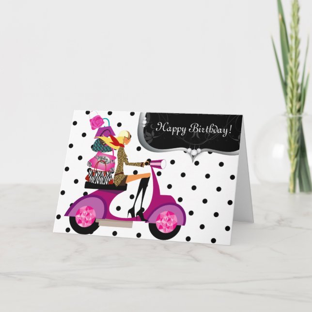 Cute Birthday Party Purse Scooter Girl Dots Card (Front)