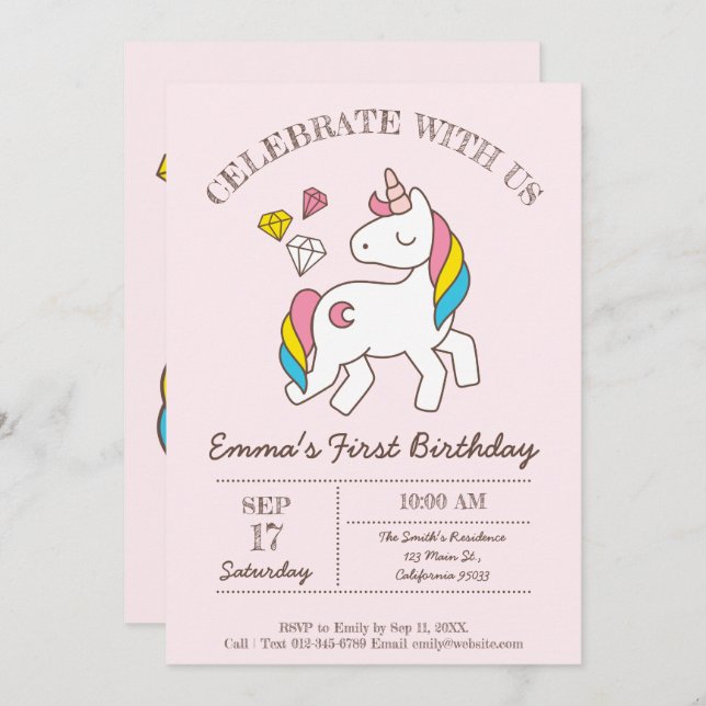 Cute Birthday Rainbow Unicorn Invitation (Front/Back)
