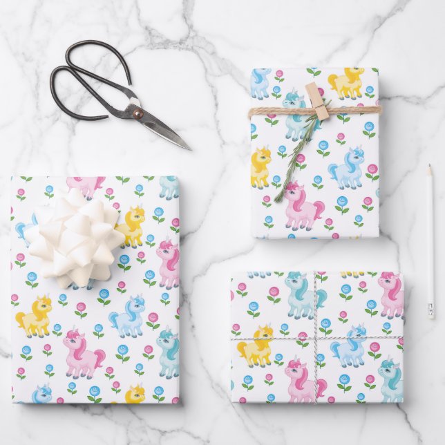 cute Birthday tiled unicorns girls party  Wrapping Paper Sheet (Front)