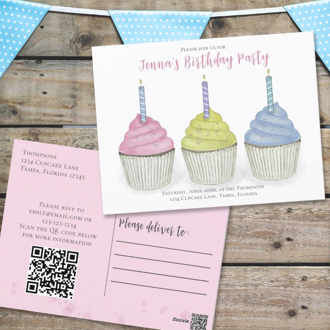 Cute Birthday Watercolor Cupcakes QR Code Website Postcard (Creator Uploaded)