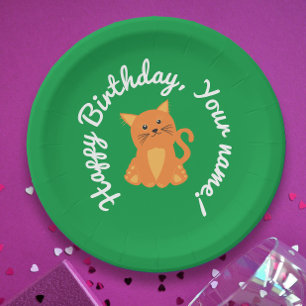 Cute Birthday Wish  With Orange Kitten On Green Paper Plate