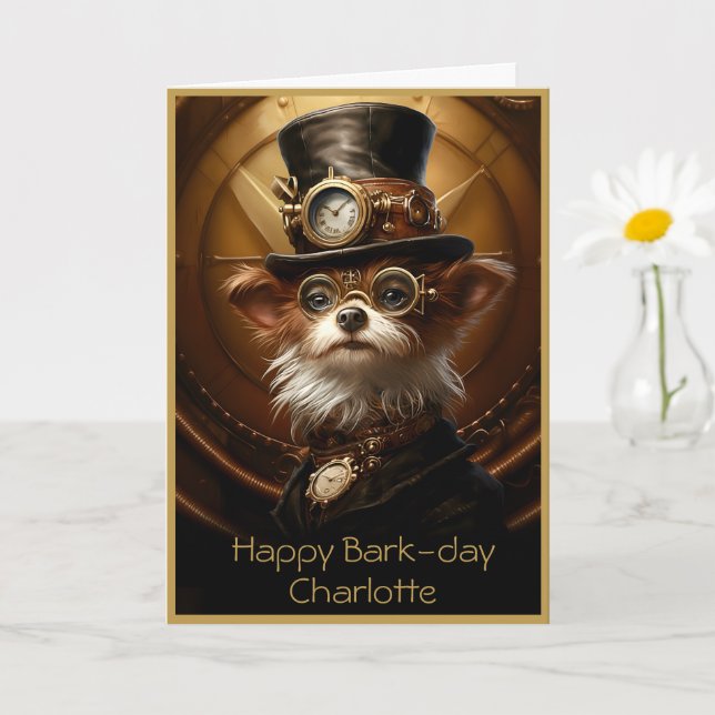 Cute Birthday Yorkie Steampunk Custom Name 110 Card (Small Plant)