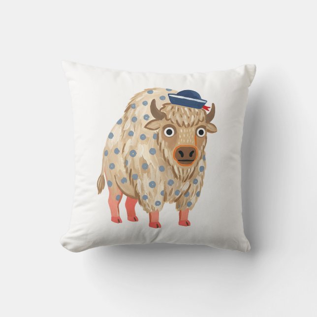 Cute Bison Navy Polka Dot Throw Pillow (Front)