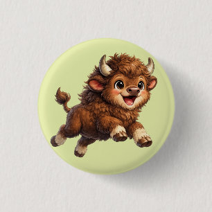 Cute Bison with Big Eyes Happy Wildlife Cartoon 1 Inch Round Button