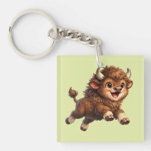 Cute Bison with Big Eyes Happy Wildlife Cartoon Keychain