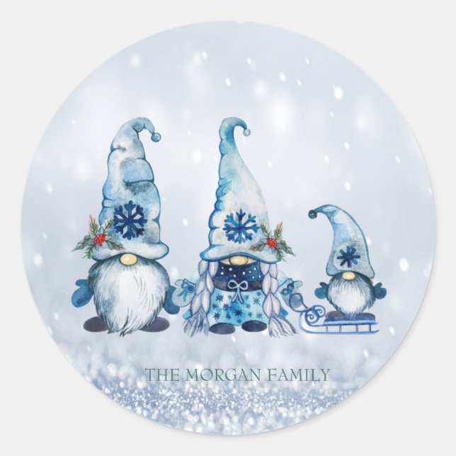 Cute Bkue Gnomes,Blue Bokeh Classic Round Sticker (Front)
