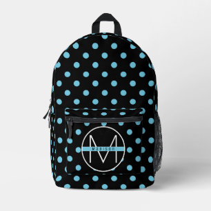 Cute Black and Blue Polka Dots Monogram Name Kids Printed Backpack