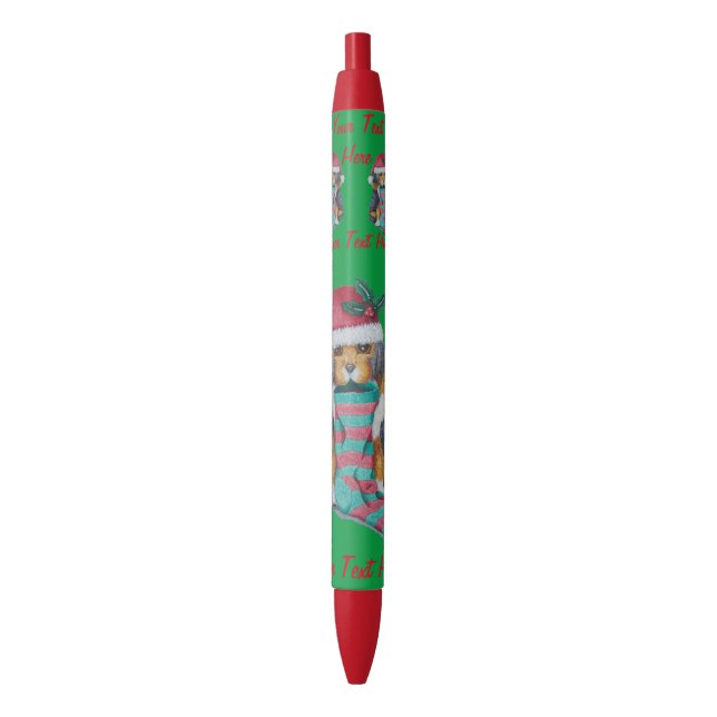 cute black and brown puppy dressed for christmas blue ink pen (Front Vertical)