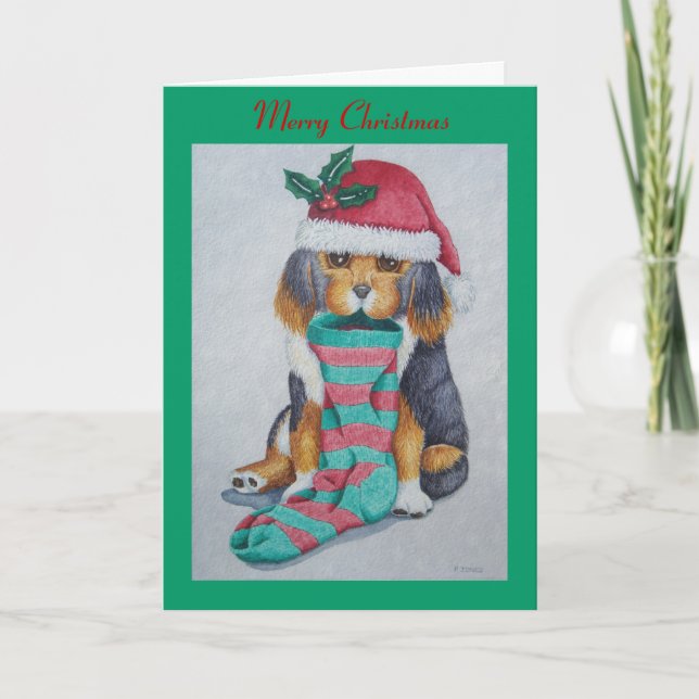cute black and brown puppy dressed for christmas holiday card (Front)