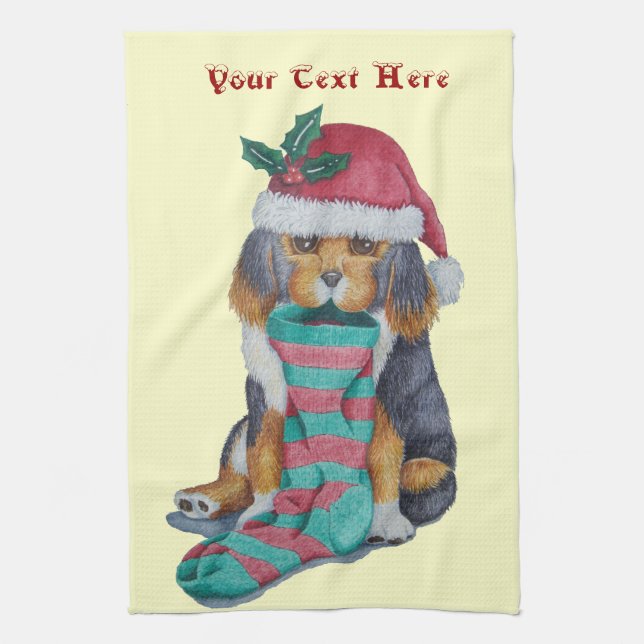 cute black and brown puppy dressed for christmas kitchen towel (Vertical)