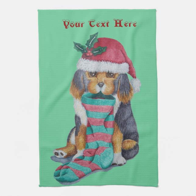 cute black and brown puppy dressed for christmas kitchen towel (Vertical)