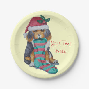 cute black and brown puppy dressed for christmas paper plate