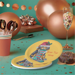 cute black and brown puppy dressed for christmas  paper plate