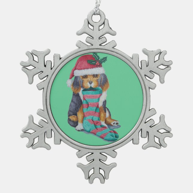cute black and brown puppy dressed for christmas snowflake pewter christmas ornament (Front)