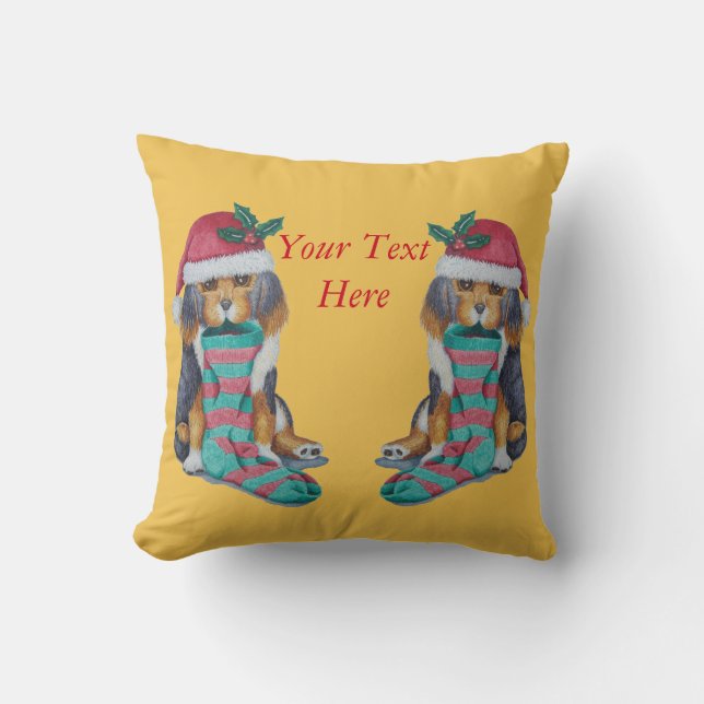 cute black and brown puppy dressed for christmas throw pillow (Front)