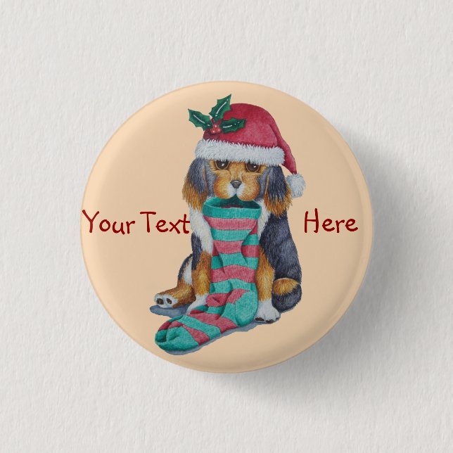 cute black and brown puppy with christmas stocking 1 inch round button (Front)