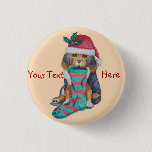 cute black and brown puppy with christmas stocking 1 inch round button