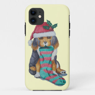 cute black and brown puppy with christmas stocking iPhone 11 case