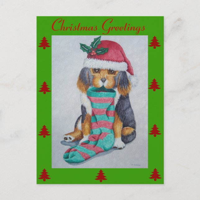 cute black and brown puppy with christmas stocking holiday postcard (Front)